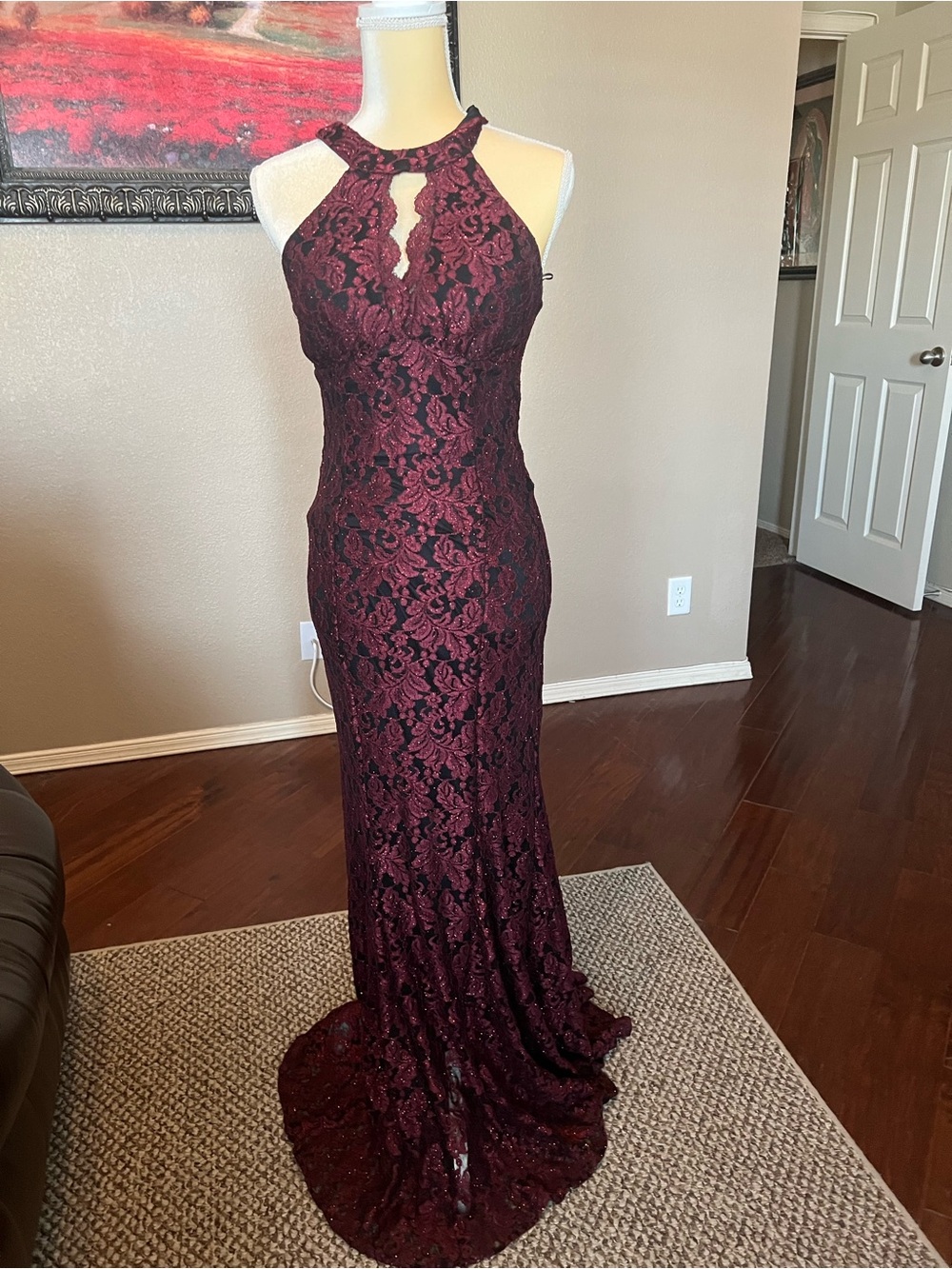 Burgundy Lace Halter-Style Prom Gown